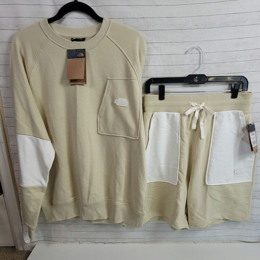 TNF Terry Relaxed Crew Sweatshirt & Short Set in Gravel, sz Medium